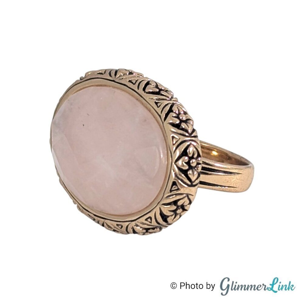 Barse Rose Quartz Gemstone Oval Floral Chunky Gold Tone Ring Size 10